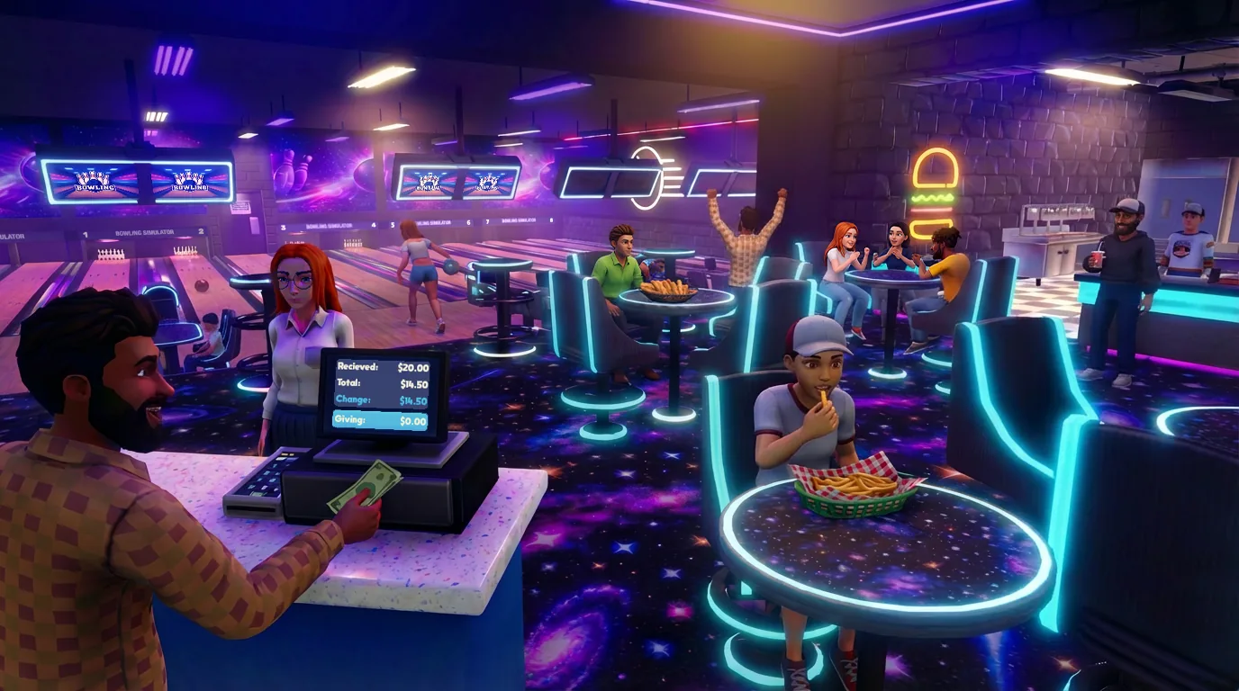 A customer paying at the front desk of a busy bowling alley