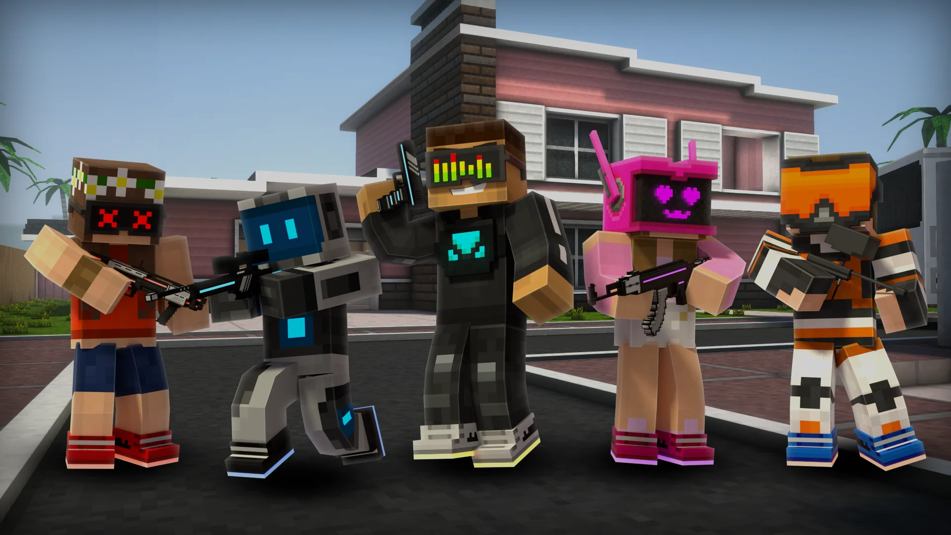Five Pixel Strike 3D characters with weapons in front of a suburban house